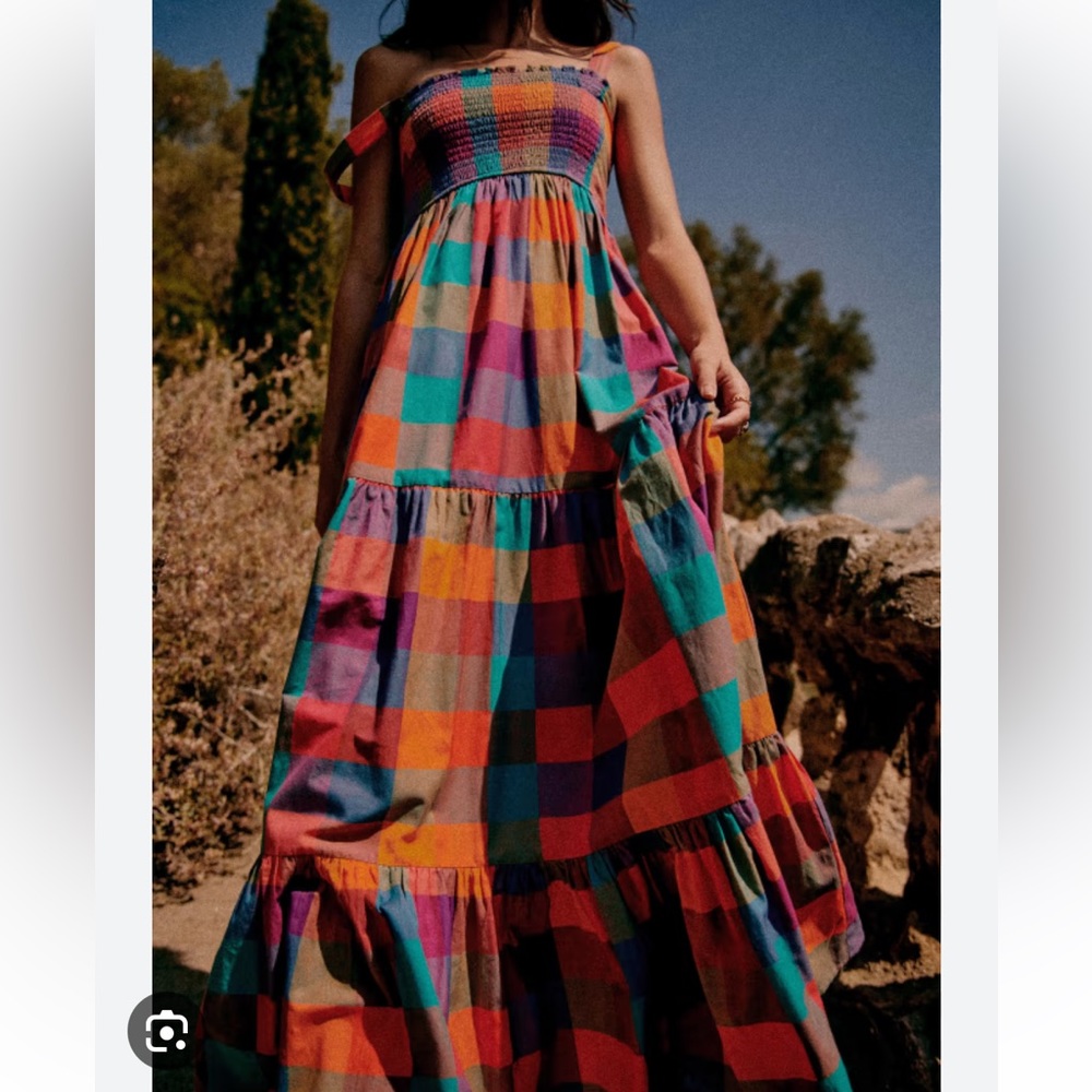 Sezane Blue and Pink Strapless Maxi Sundress